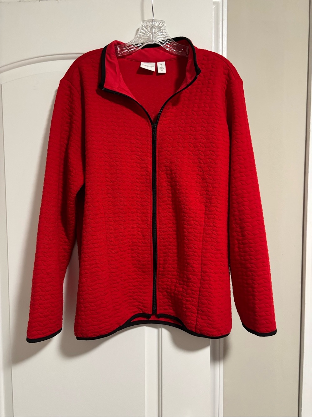 Chico's Red Quilted Zip-Up Jacket with Black Trim